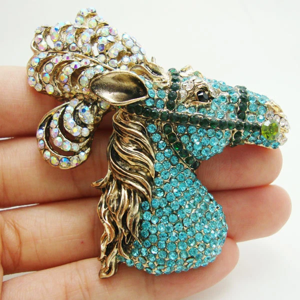 Broche prendedor único de cristal austriaco cabeza de caballo azul de 2,76" joyería de fiesta de animales Foto 2 de 3