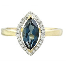 Natural London Blue Topaz Diamond 14k Solid Gold Marquise Halo Ring for Women