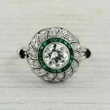 Art Deco Style Lab-Created Diamond Emerald Anniversary 14K White Gold FN Ring