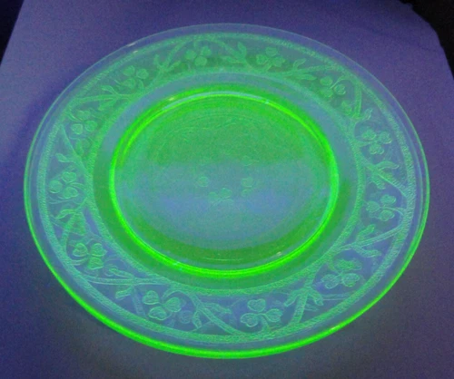 2 Vintage Cloverleaf Salad Plates ~ Uranium Depression Glass ~ 8” by Hazel Atlas