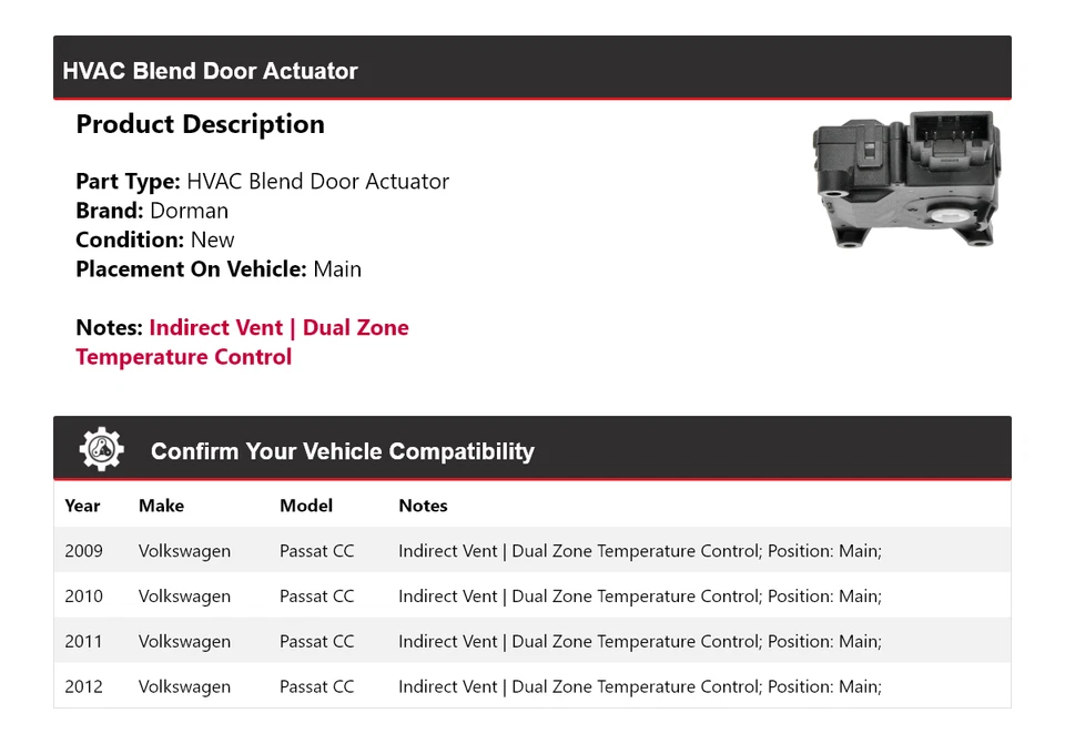 Actuador de puerta principal 2010 para Volkswagen Passat CC Dorman 2009-2012 mezcla de climatización Foto 2 de 4