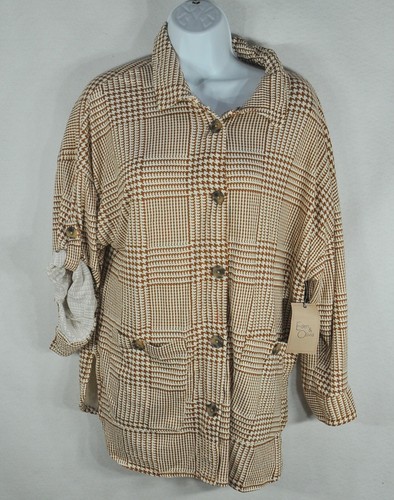 Eden & Olivia Woman's Winter Fleece Shirt L Long Sleeve Ivory Taupe Plaid NWT