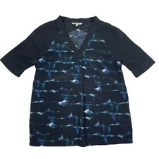 Calvin Klein Women's Black Blue V-Neck Short Sleeve Blouse Size S Polyester