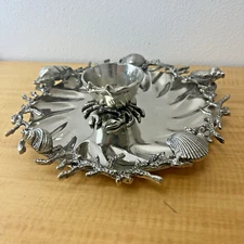 STAR HOME seashells chip and dip metal round tray w/ deep Crab Dipping bowl