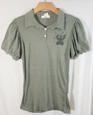 Design T-shirt, collared, balloon sleeve, fun print, green, size M, junior size