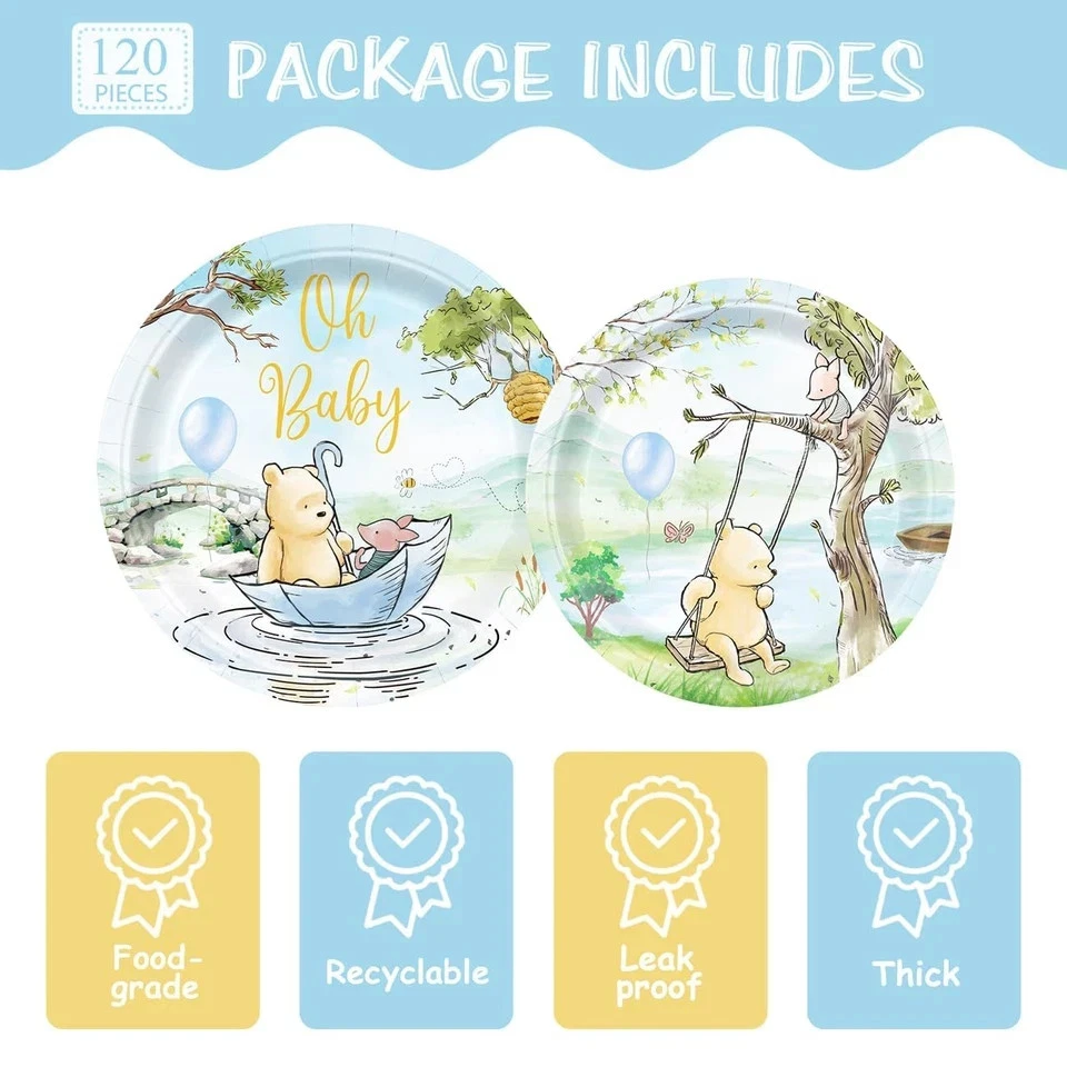 120pcs Winnie Plates Baby Shower Pooh Napkins Classic Bear Decorations Paper ... - Image 3 of 4