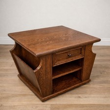 Vintage Oak Magazine Rack Side Table With Drawer Storage Lamp Table