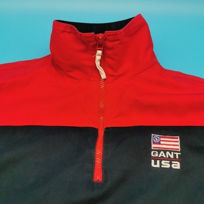 Vintage Gant USA Pullover Jacke Herren Medium Rot Navy Farbblock Half Zip