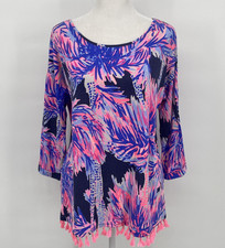 Lilly Pulitzer Tunic Top Womens Medium Multicolor Palm Tassel Hem Tropical Beach