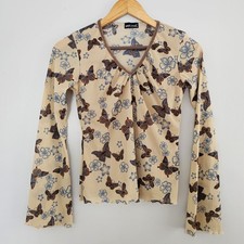 Y2K Wetseal sheer mesh V neck bell sleeve blouse butterfly floral brown USA made