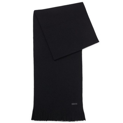 Hugo Boss Mens Solid Black Albas Raschel Knit Virgin Wool Logo Print Scarf OS