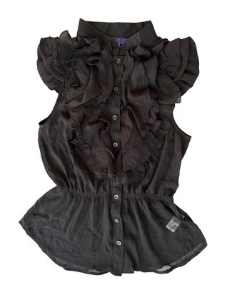 Miley Cyrus Max Azria Junior LARGE Black Top Sheer Ruffle Front Elastic Waist