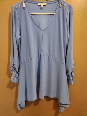 Chaus New York Women's Blue Ruched Long Sleeve Pullover Blouse Top Size Large