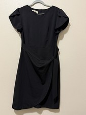 Moyabo black flutter-sleeve side-drape Faux Wrap dress Size Large Office New