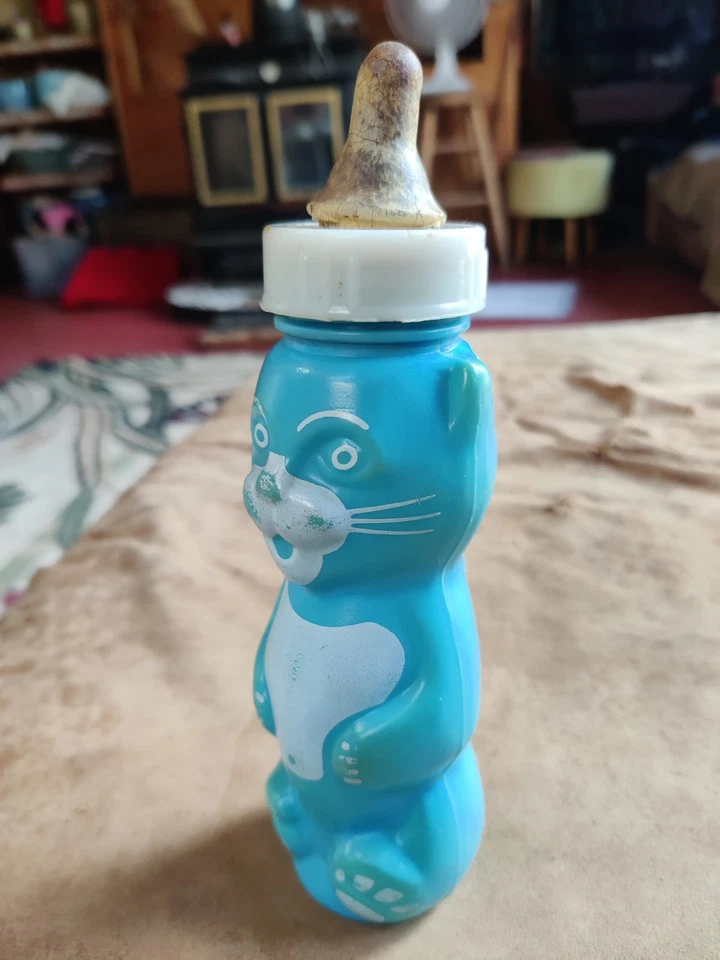 Biberón Gerber vintage plástico gato azul EE. UU. original pezón decoración infantil Foto 2 de 4