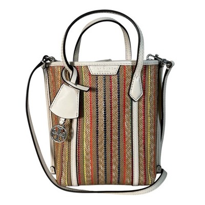 TORY BURCH Mini Perry Striped Woven Raffia Tote Crossbody Bag - Multi
