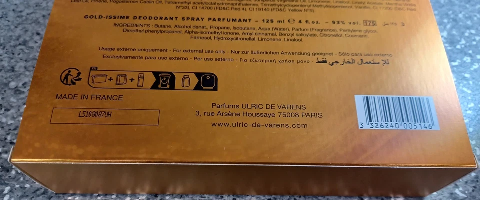 Eau de parfum et spray déo GOLD-ISSME Ulric de Varens NEUF (C12) - Photo 4/4