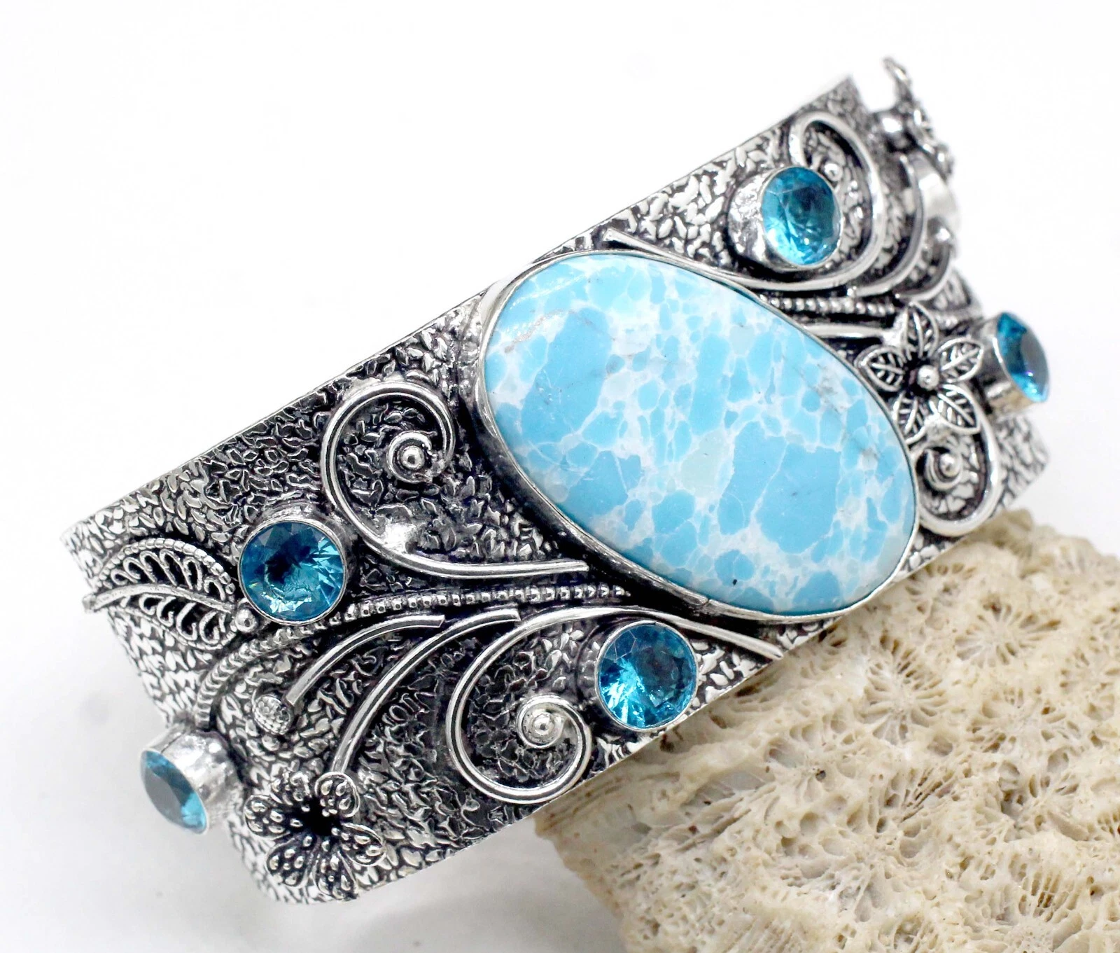 VALENTINO 925 Sterling Silver Larimar & Topaz Gemstone Jewelry Cuff Bracelet Size ADJ"