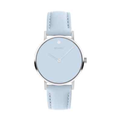 MOVADO SIGNATURE 0607901 BABY BLUE LEATHER STRAP STAINLESS CASE WOMENS WATCH