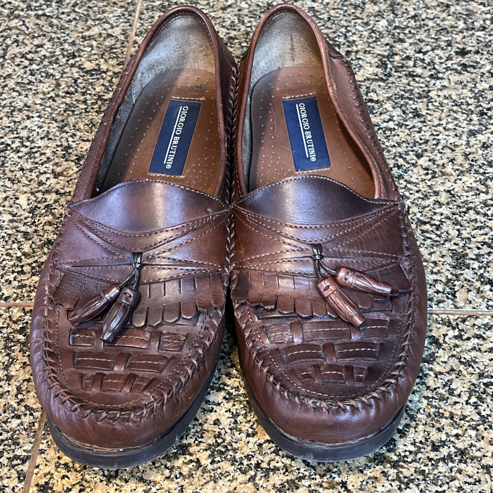 SAOLA Giorgio Brutini Mens Tassel Loafer Shoes 10 Med Brown Woven Preppy Loafers