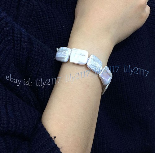 Natural White Rectangle Square Freshwater Baroque Pearl Bracelet 8inch 15x20mm - Picture 5 of 5