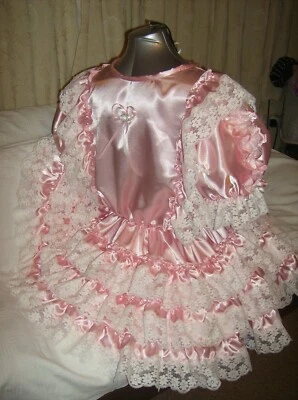 S &AMP; J DESIGNS SISSY~MAIDS~ADULT BABY~UNISEX~CD/TV~FETISH BABY PINK SATIN AND WHITE LACE DRESS