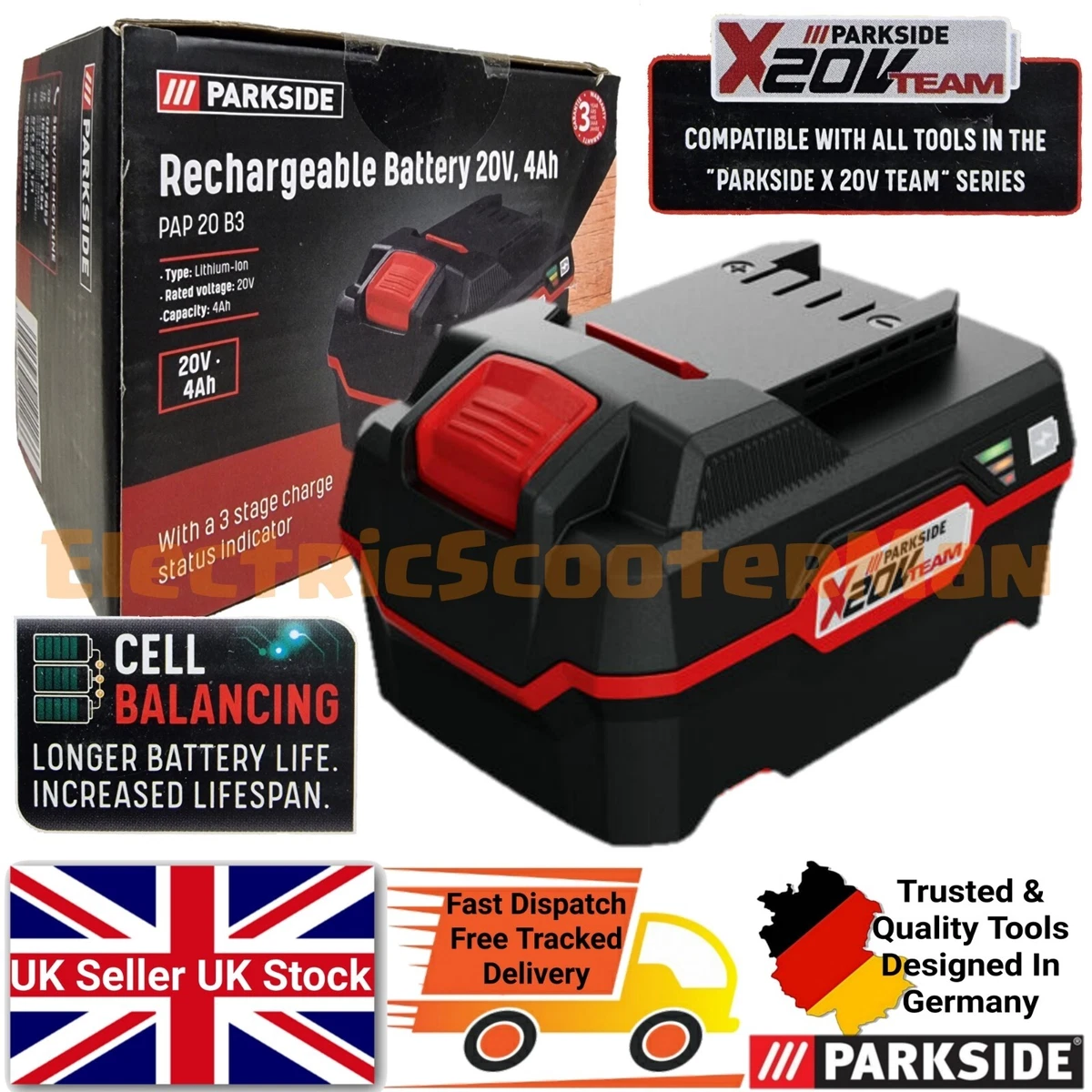 Parkside 20V 4Ah Battery Rechargeable For Cordless X20V Team