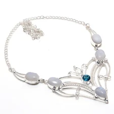 Rainbow Moonstone Gemstone Handmade 925 Sterling Silver Jewelry Necklace Sz 18"