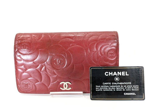 CHANEL Camellia Wallet Purse Lambskin Red leather