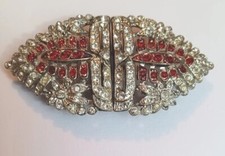 Antique belt Buckle Pot Metal Two Ps. Art Deco Clear and Red Rhinestones