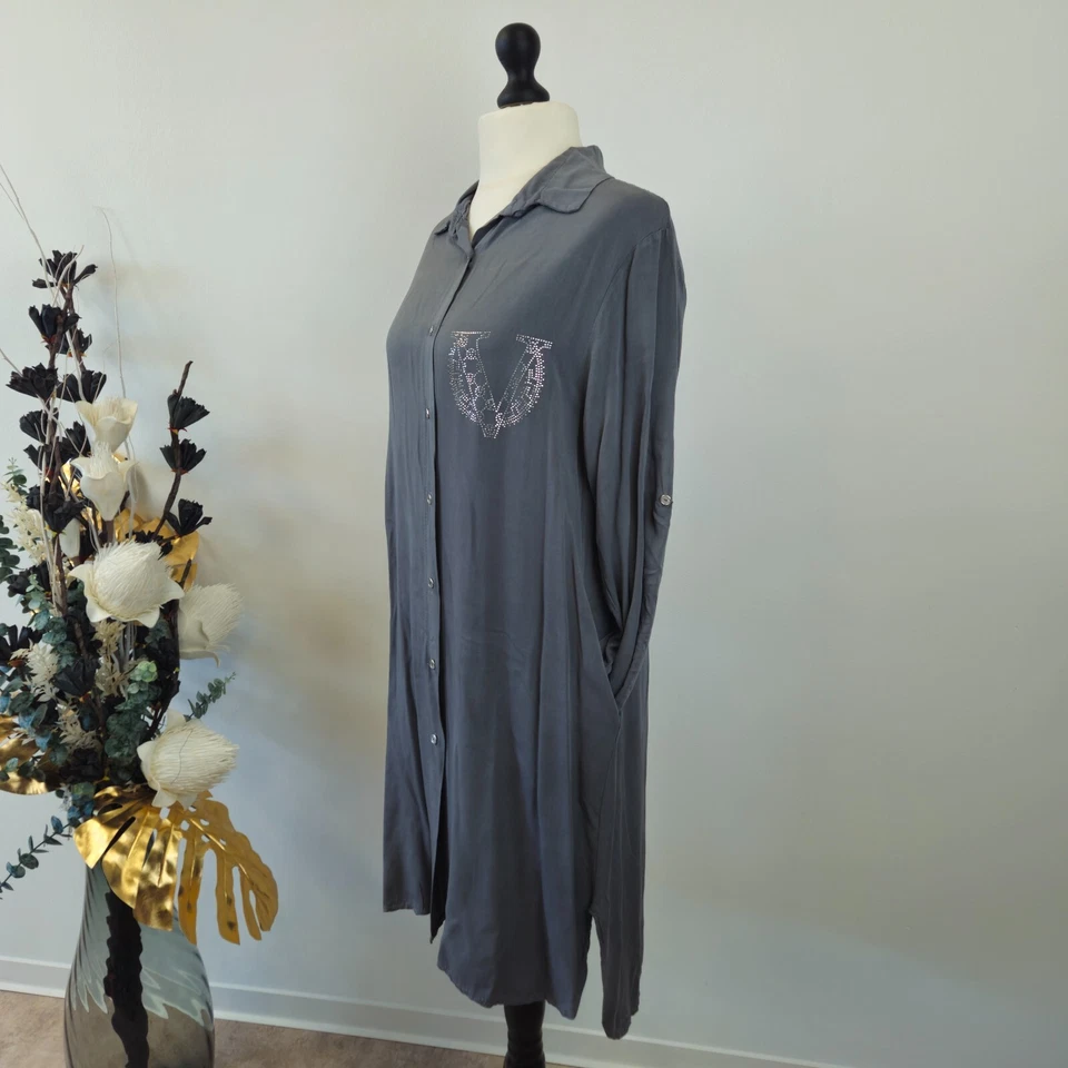 Italy Woman Kleid Midi Hemdblusenkleid mit V Strass Bluse Grau Größe 38 40 42 - Bild 2 von 4
