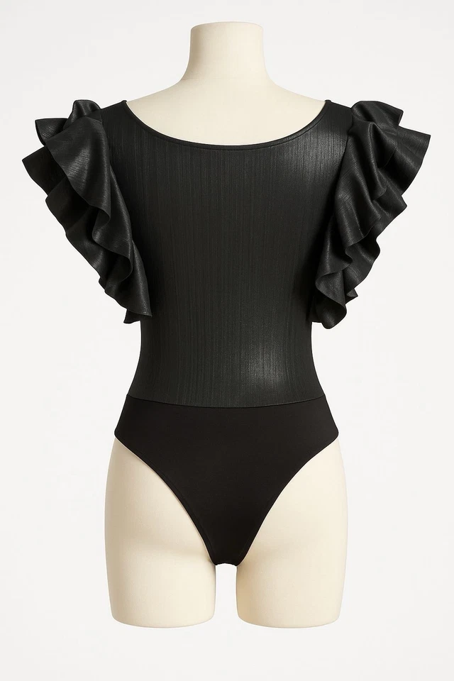 Black Metallic Ruffle Sleeve Bodysuit – Elegant Shimmer Top Chic Style (Size M) - Image 2 of 4