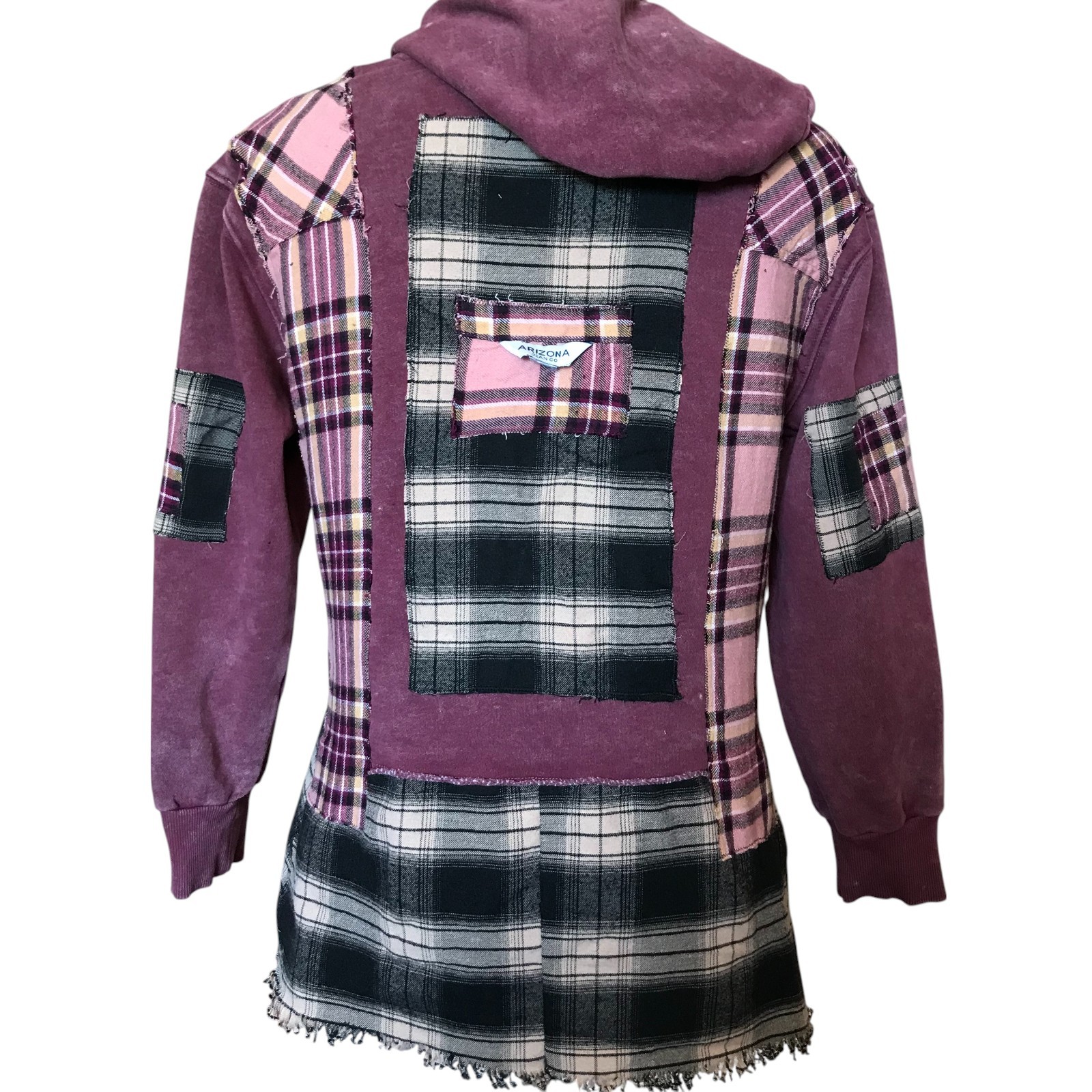 Upcycled Patchwork Hoodie: Distressed Magenta Pla… - image 6