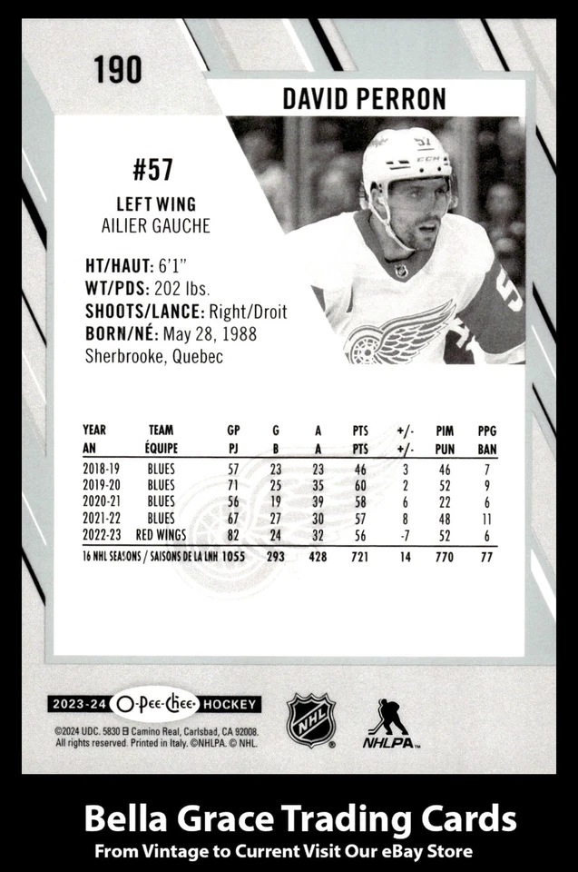 2023-24 O-Pee-Chee David Perron #190 Detroit Red Wings NHL Hockey  - Image 2 of 2
