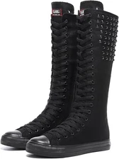 Momuk Long Rivet Knee High Canvas Boots Punk Style for Women & Girls 