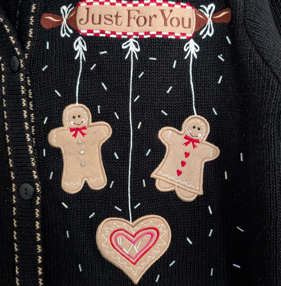 VTG Quacker Factory Gingerbread Holiday Cardigan Sweater MEDIUM Embroidery Party - Image 3 of 4