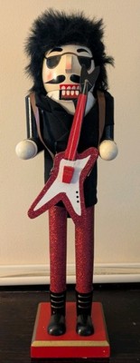 Rock Star Rocker Nutcracker with Guitar & Sun Glasses Black Red Glitter Wood 16''