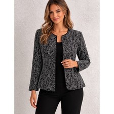 Alex Evenings Womens Black Silver Metallic Geometric Open Front Jacket Size 8