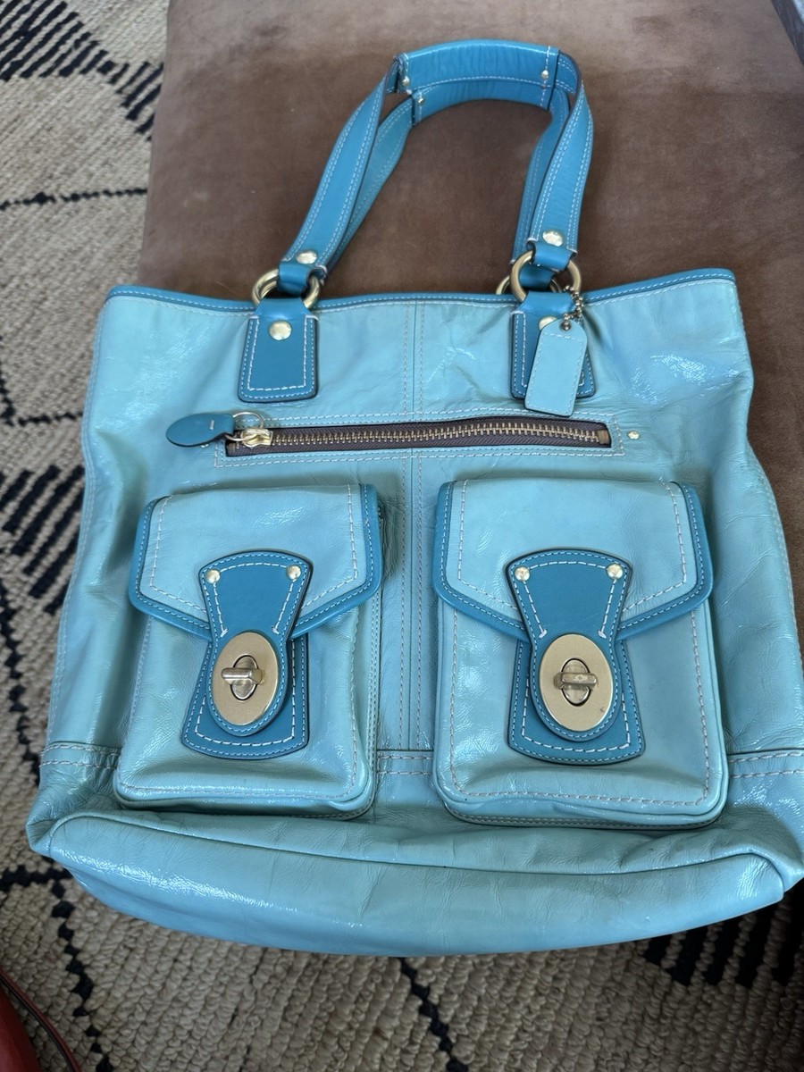 バッグ COACH Legacy Tote Bag Turnlock Python Coach Vintage Teal Patent Leather Legacy Tote Bag With Brass
