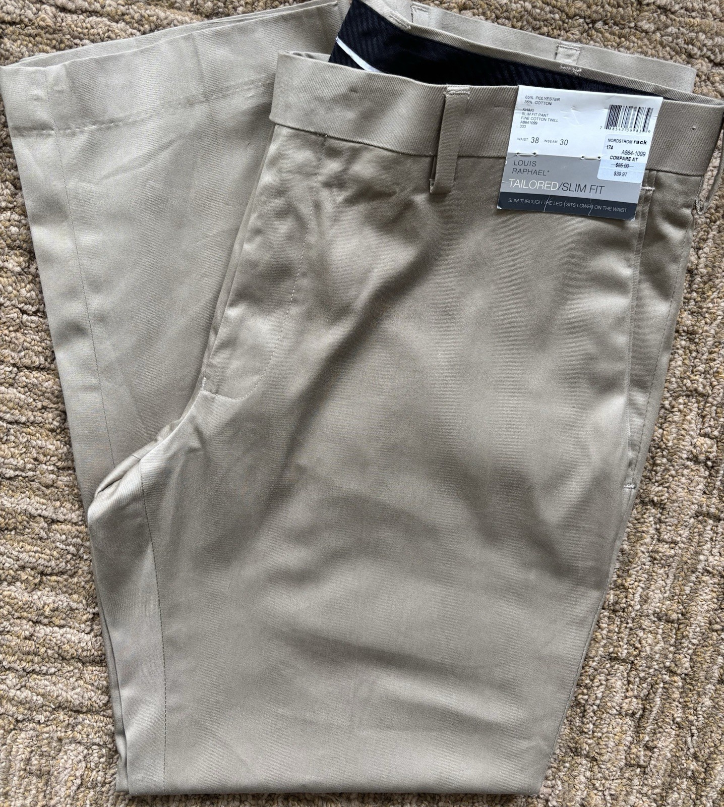 NWT Louis Raphael Pants Men's Size 38x30 Tan Dress Pants Tailored