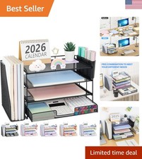 Sleek 4-Tier Desktop File Organizer with Drawer and Pen Holders - Classic Black