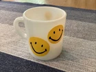1970's Vintage Milk Glass YELLOW SMILEY FACE Happy Face Coffee Cups Mugs