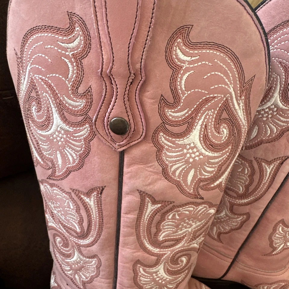Corral Pink Floral Overlay embroidered Cowgirl Boots Size 8 - Image 2 of 4