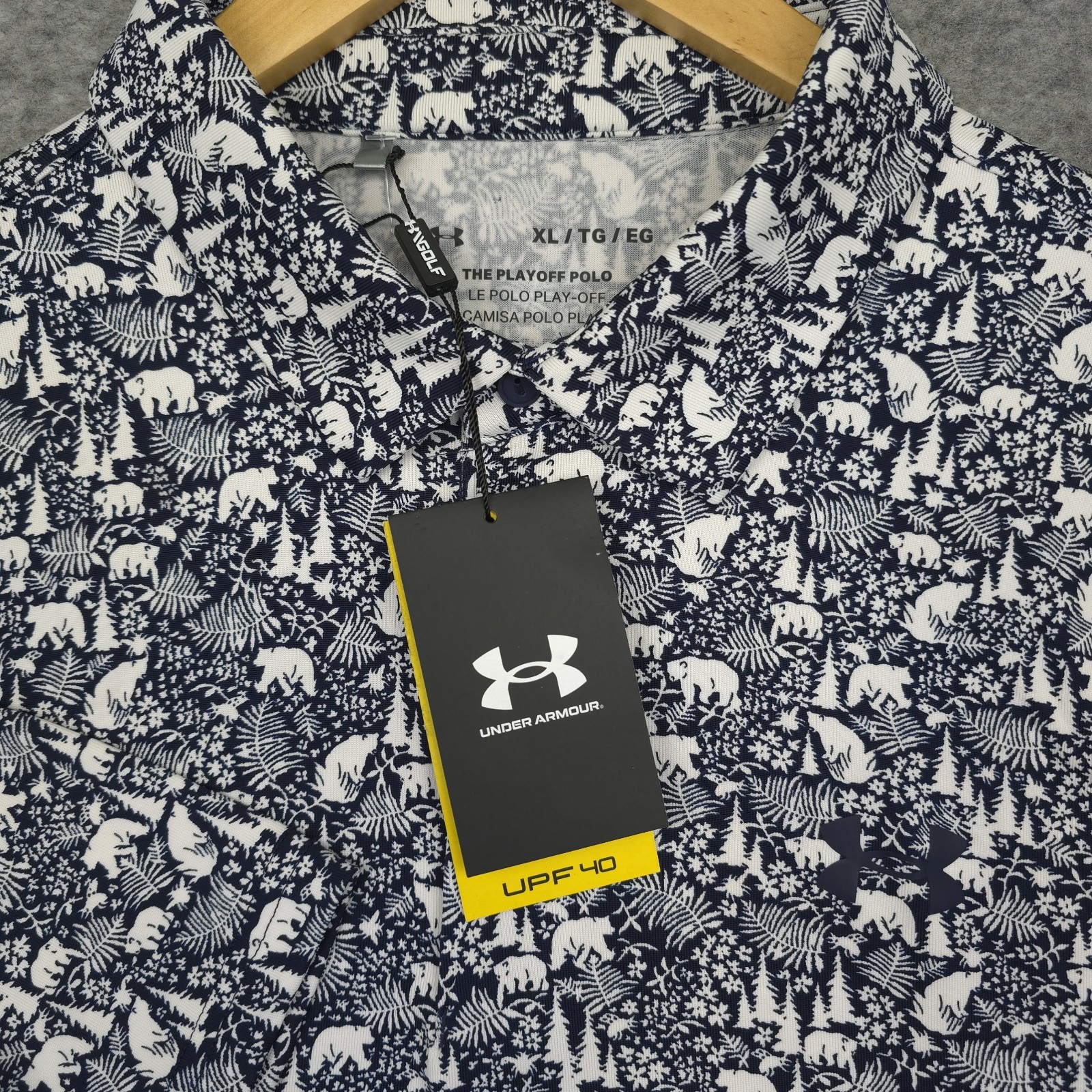 Under Armour UA Men's Playoff 3 Blue Bear Forest Printed Polo Shirt Size XL NWT