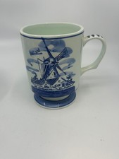 Delfts Handpainted Blue And White Cup Flowers And Windmill Holland 4"