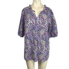 Talbots Plus Women's Purple Floral Print V Neck Ruffle Neck Short Sleeve Top X