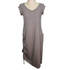 Toad&Co Muse Midi Large Striped V-Neck Cinched Ruched Side Knit Dress Grey White