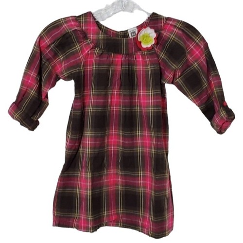 CARTER'S Little Girls' Pink & Brown Plaid Roll Tab Sleeve Tunic Dress 6X - Picture 1 of 12