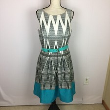 Tahari ASL Fit & Flare Dress Sz 8 Womans Black Blue Geometric Sleeveless Belted