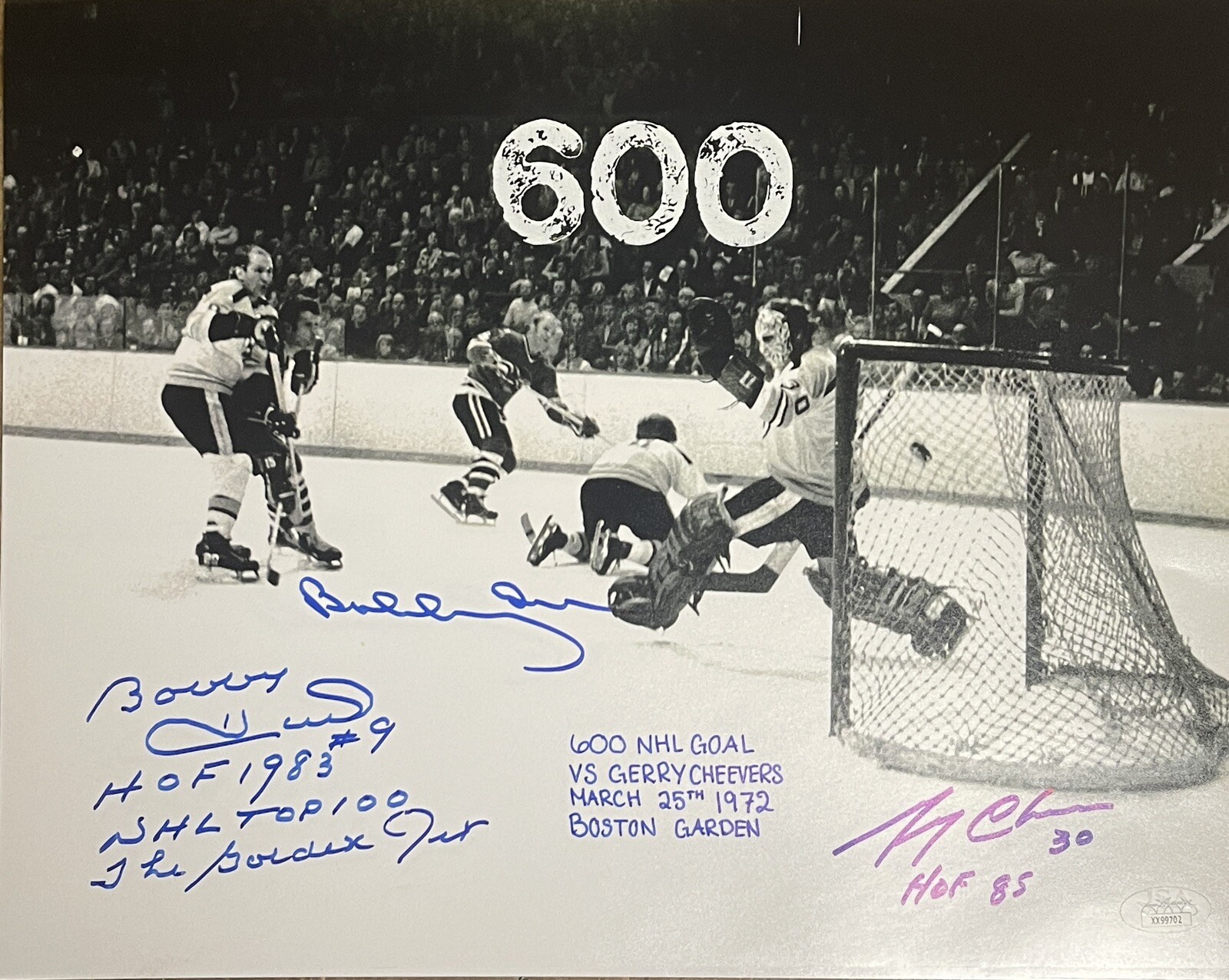 Bobby Orr / Bobby Hull / Gerry Cheevers Signed Hull 600 Goal 11x14 Inscribed JSA 